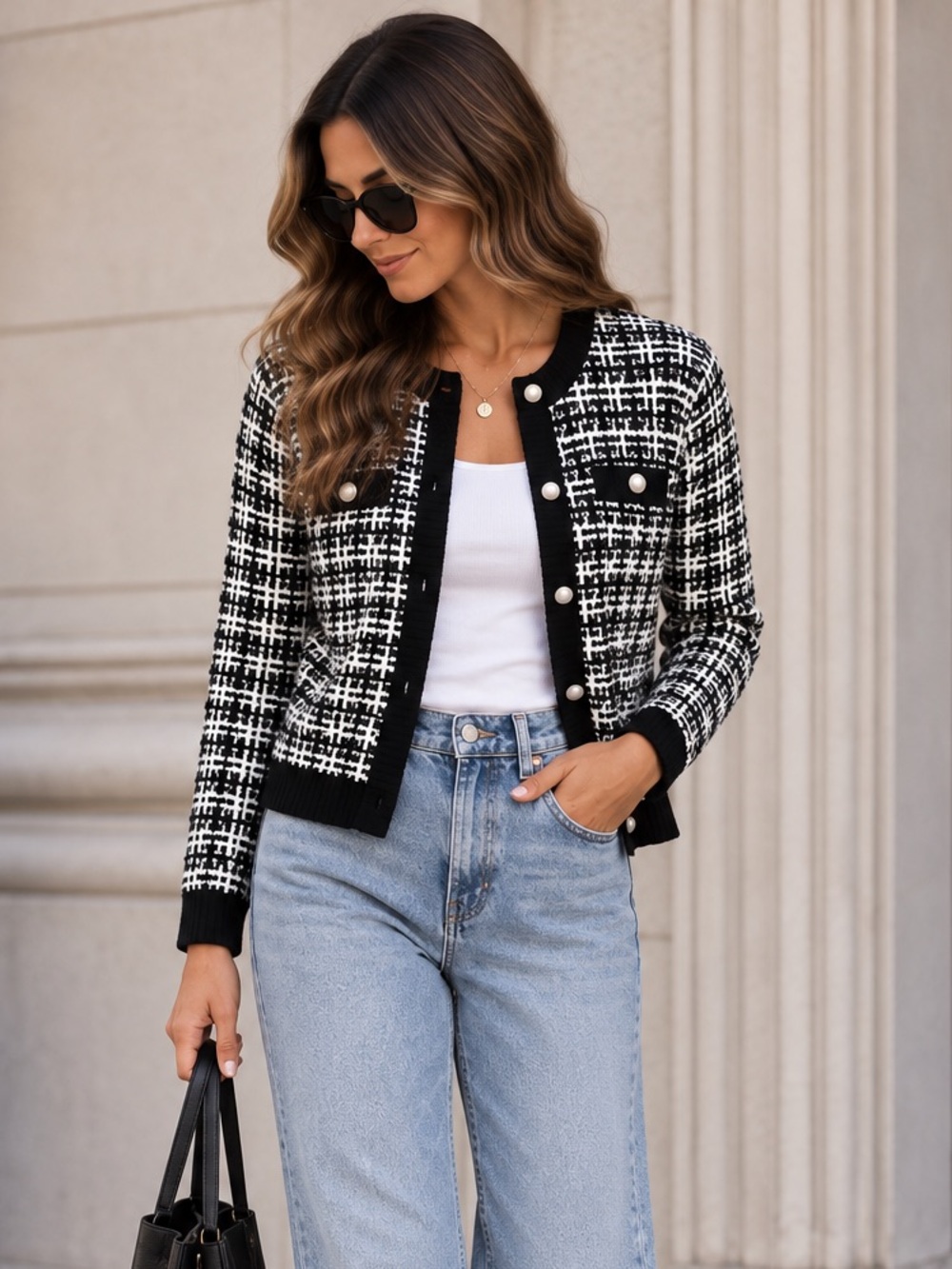 Classic Black & White Tweed Cardigan